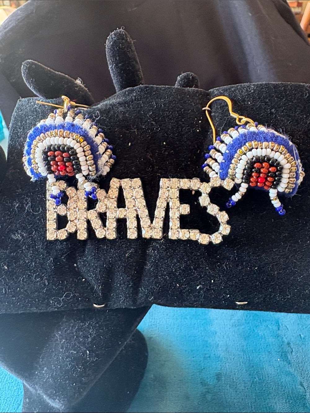 Source Unknown Blue, Red & White Beaded Earrings with Rhinestone BRAVES Pin